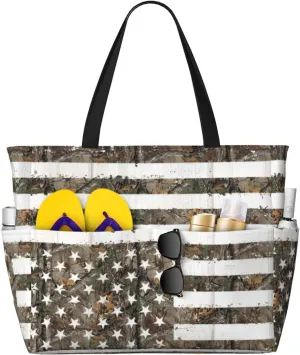 Interstellar American flag Camouflage print Large Waterproof Beach Bag for Women Tote Bag for Travel Vacation fun Travel Bag