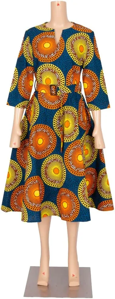 iooiooi African Dresses for Women Long Sleeve Patchwork Office Dresses Cotton Lady Print Party Clothing