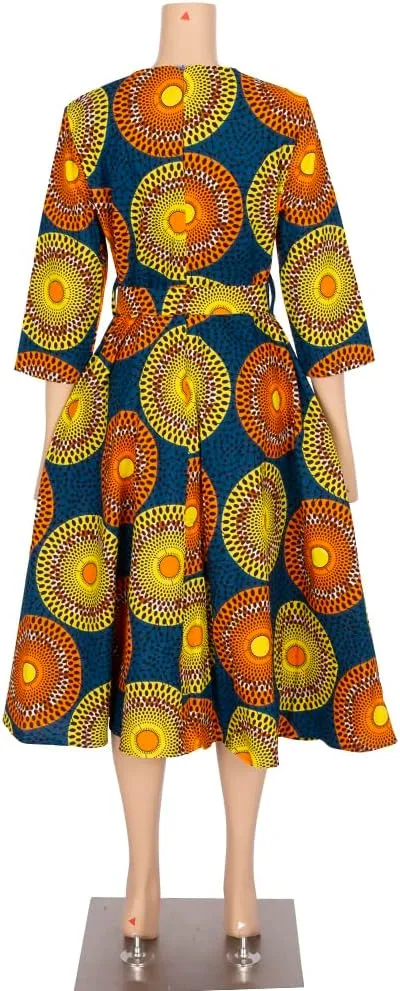 iooiooi African Dresses for Women Long Sleeve Patchwork Office Dresses Cotton Lady Print Party Clothing