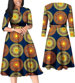 iooiooi African Dresses for Women Long Sleeve Patchwork Office Dresses Cotton Lady Print Party Clothing