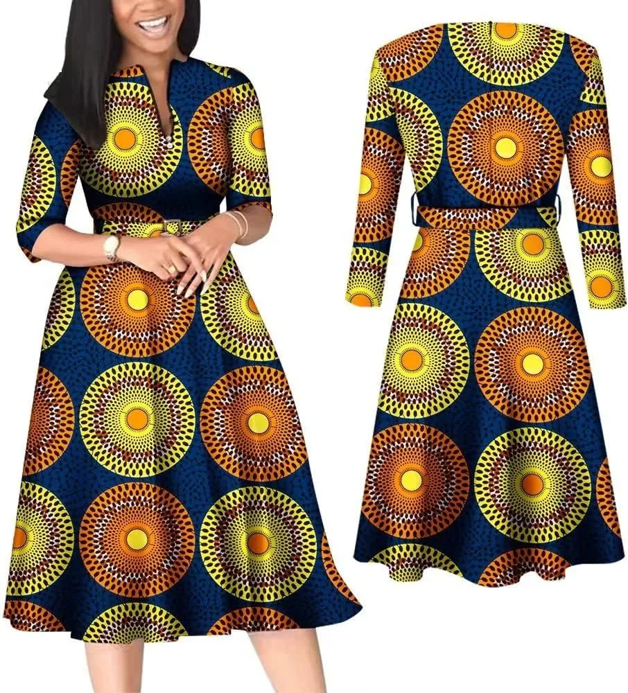 iooiooi African Dresses for Women Long Sleeve Patchwork Office Dresses Cotton Lady Print Party Clothing