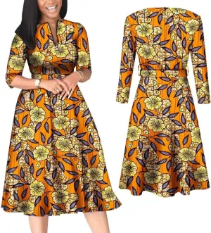 iooiooi African Dresses for Women Long Sleeve Patchwork Office Dresses Cotton Lady Print Party Clothing