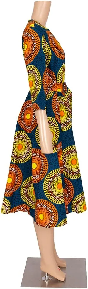 iooiooi African Dresses for Women Long Sleeve Patchwork Office Dresses Cotton Lady Print Party Clothing