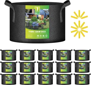 iPower 15-Pack 7 Gallon Thickened Grow Bags Nonwoven Fabric Pots Aeration Container with Strap Handles for Garden and Planting, Black