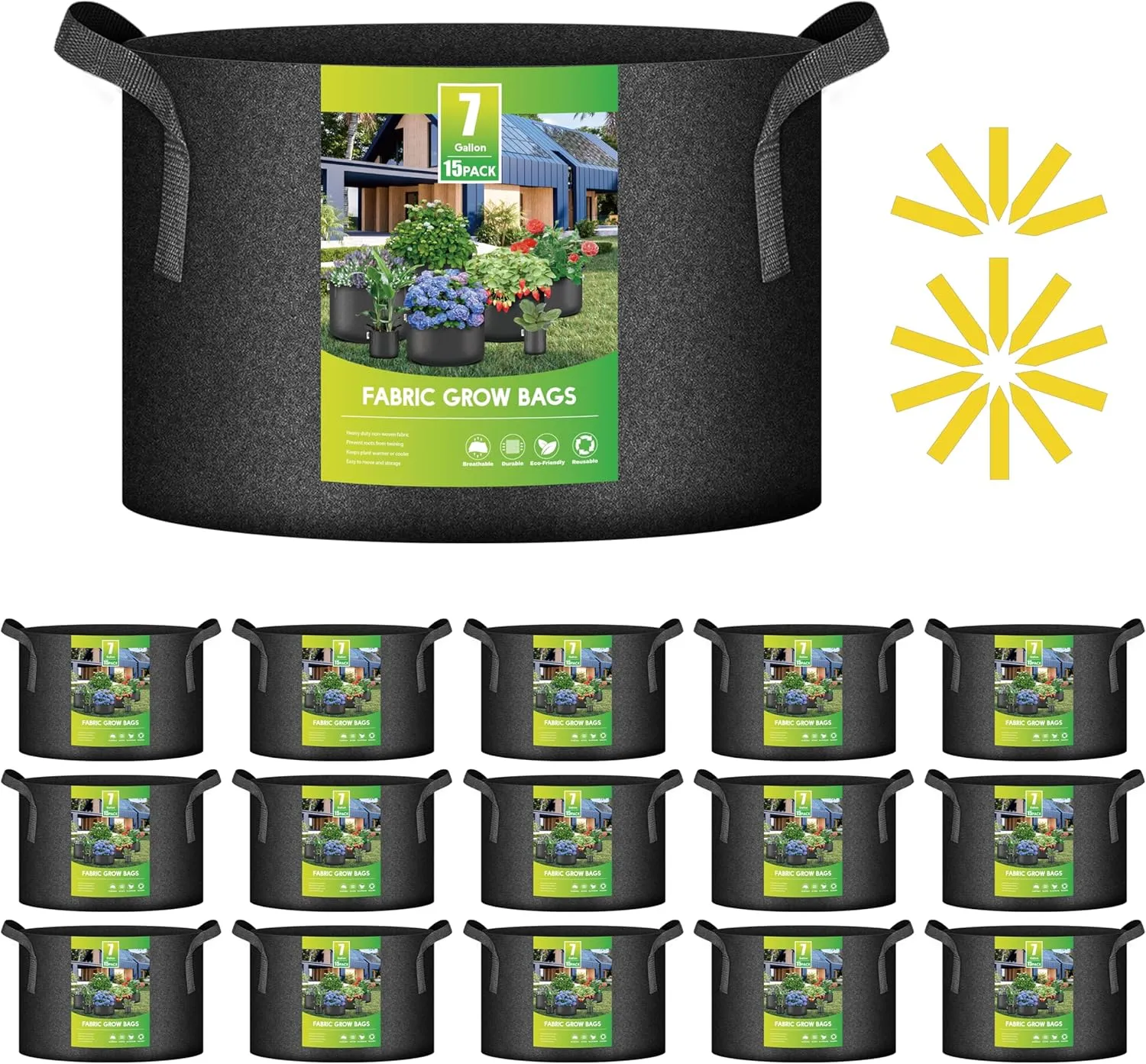 iPower 15-Pack 7 Gallon Thickened Grow Bags Nonwoven Fabric Pots Aeration Container with Strap Handles for Garden and Planting, Black