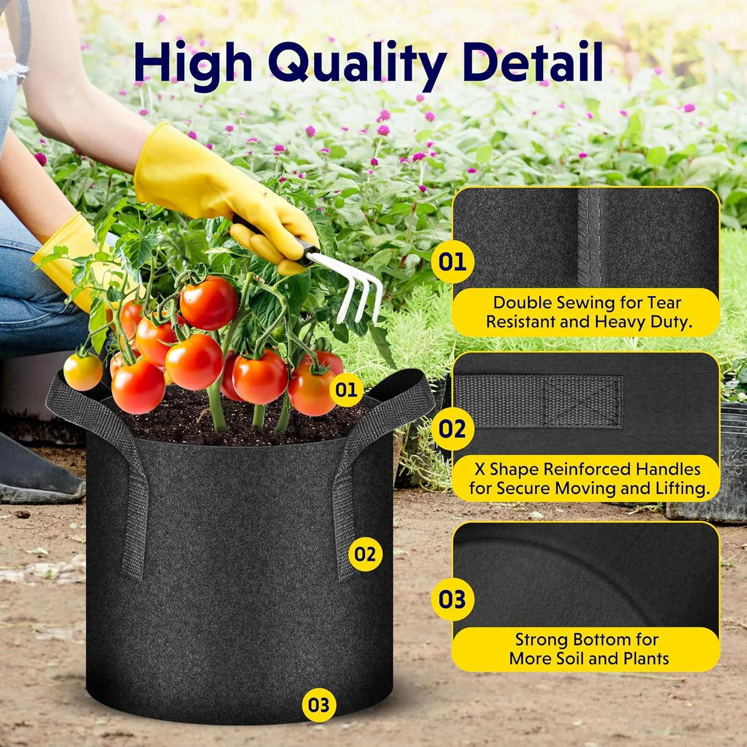 iPower 15-Pack 7 Gallon Thickened Grow Bags Nonwoven Fabric Pots Aeration Container with Strap Handles for Garden and Planting, Black
