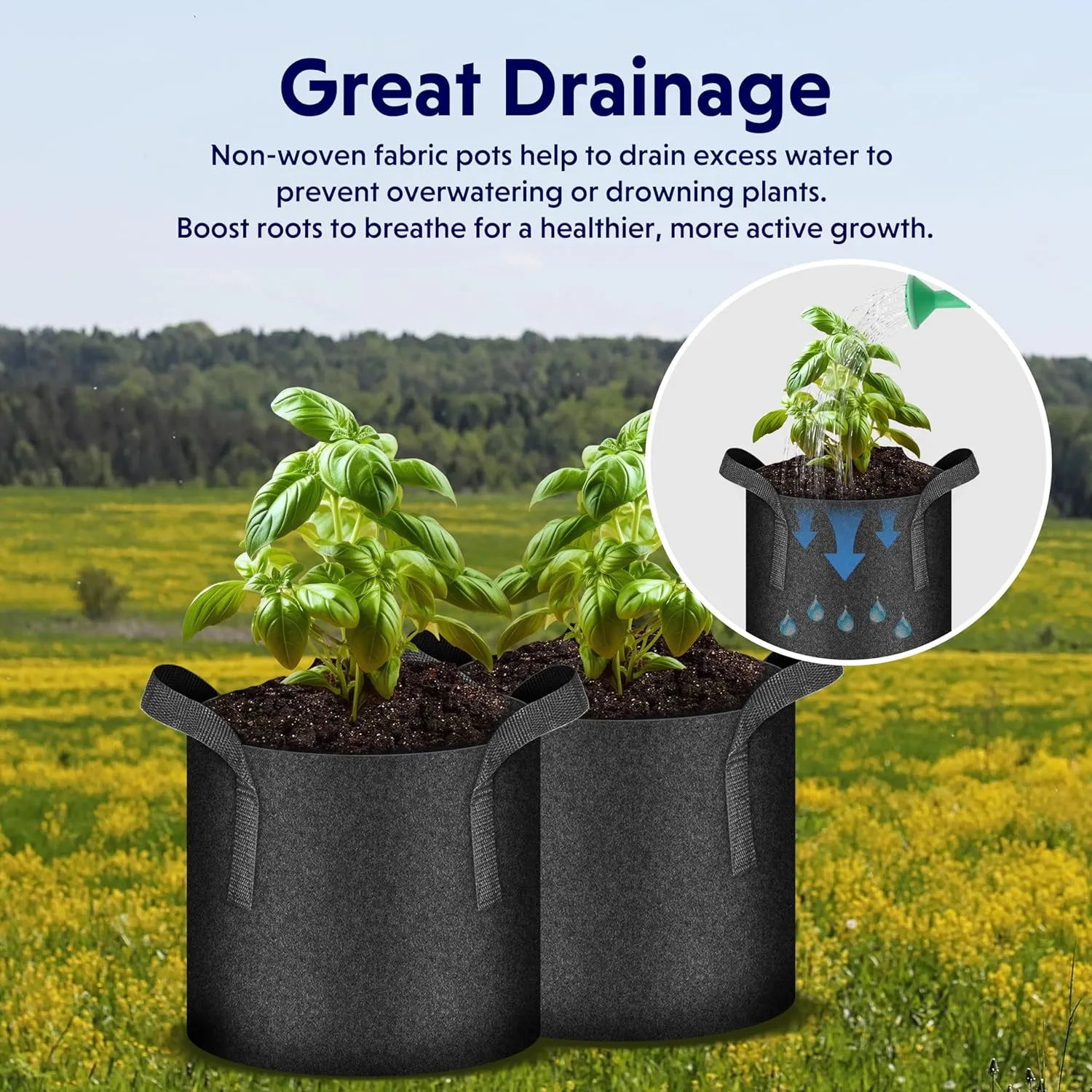 iPower 15-Pack 7 Gallon Thickened Grow Bags Nonwoven Fabric Pots Aeration Container with Strap Handles for Garden and Planting, Black