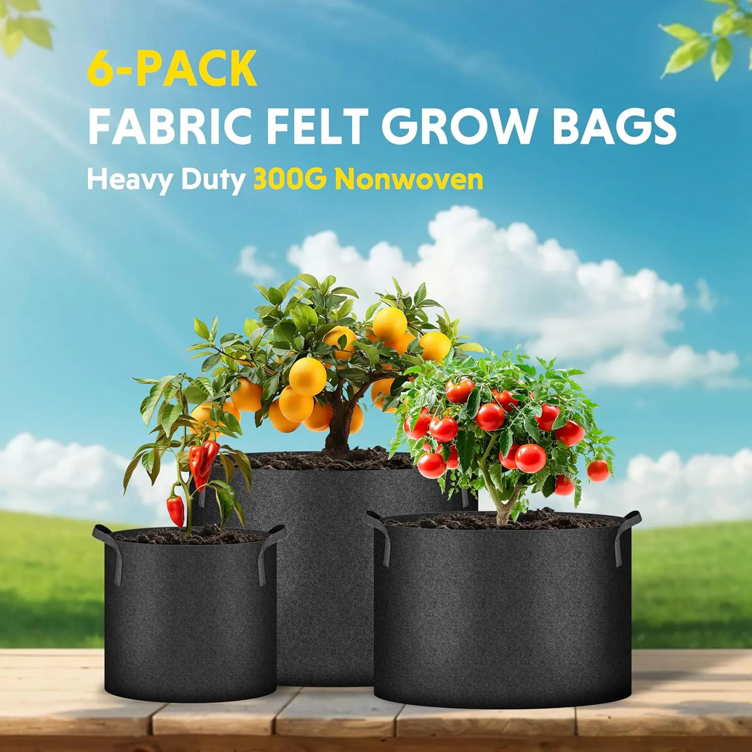 iPower Plant Grow Bag 15 Gallon 6-Pack Heavy Duty Fabric Pots, 300g Thick Nonwoven Fabric Containers Aeration with Nylon Handles, for Planting Vegetables, Fruits, Flowers, Black 2024 Version