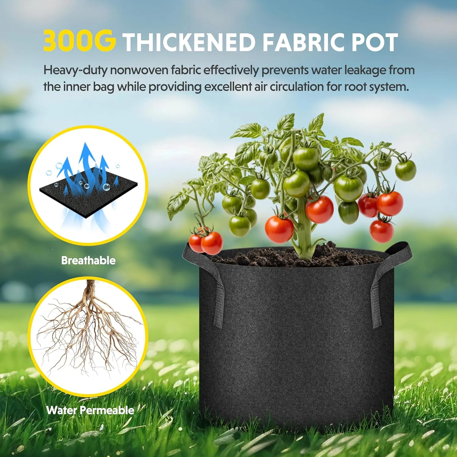 iPower Plant Grow Bag 15 Gallon 6-Pack Heavy Duty Fabric Pots, 300g Thick Nonwoven Fabric Containers Aeration with Nylon Handles, for Planting Vegetables, Fruits, Flowers, Black 2024 Version