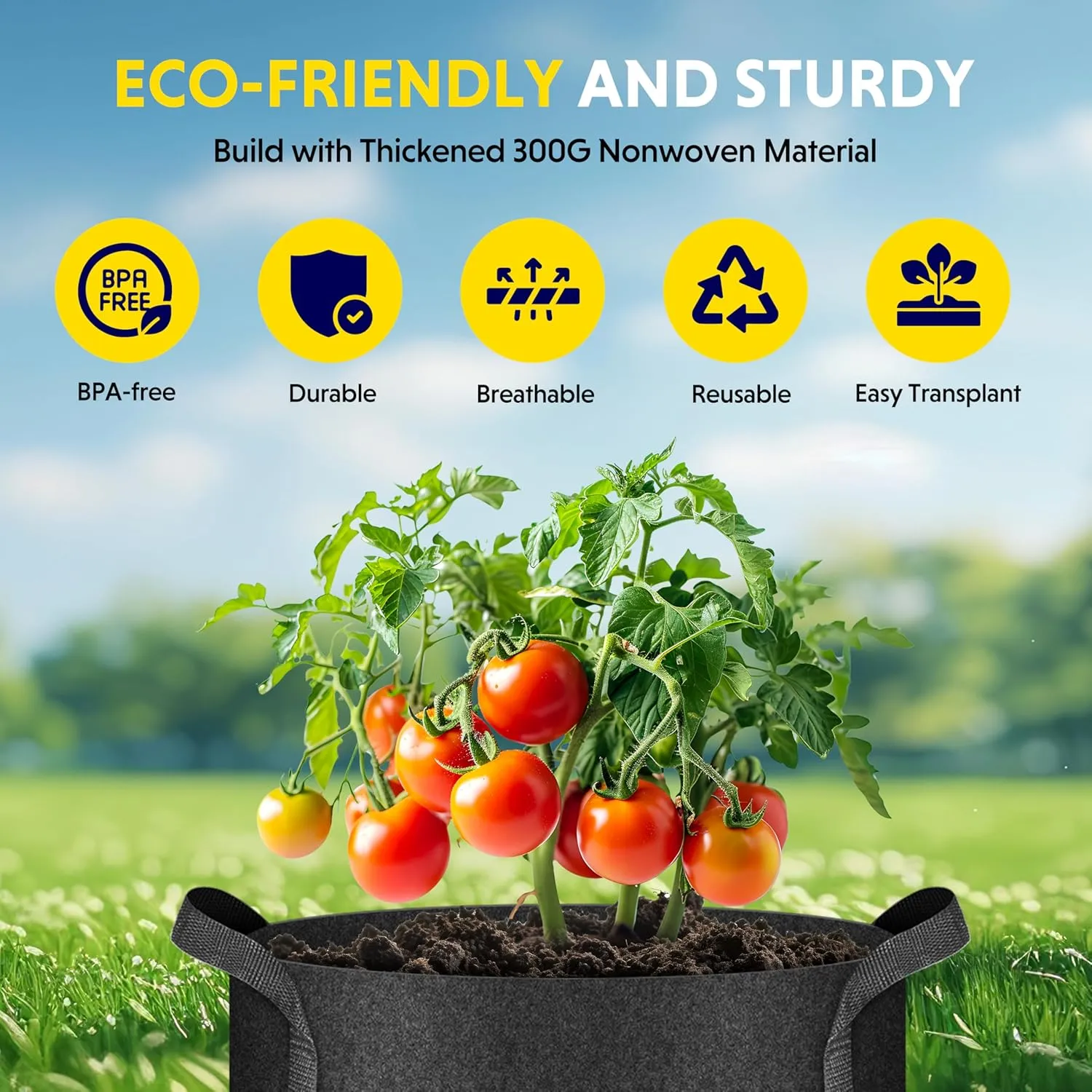 iPower Plant Grow Bag 15 Gallon 6-Pack Heavy Duty Fabric Pots, 300g Thick Nonwoven Fabric Containers Aeration with Nylon Handles, for Planting Vegetables, Fruits, Flowers, Black 2024 Version