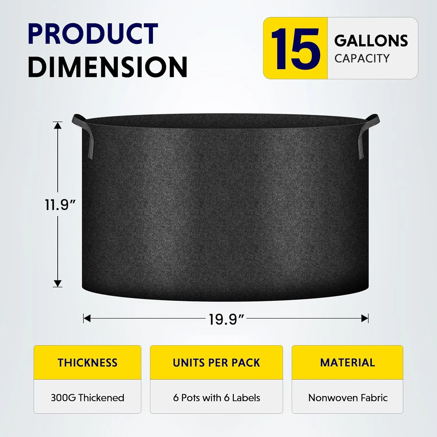 iPower Plant Grow Bag 15 Gallon 6-Pack Heavy Duty Fabric Pots, 300g Thick Nonwoven Fabric Containers Aeration with Nylon Handles, for Planting Vegetables, Fruits, Flowers, Black 2024 Version