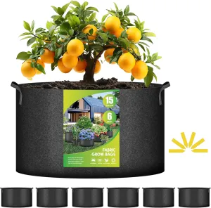iPower Plant Grow Bag 15 Gallon 6-Pack Heavy Duty Fabric Pots, 300g Thick Nonwoven Fabric Containers Aeration with Nylon Handles, for Planting Vegetables, Fruits, Flowers, Black 2024 Version