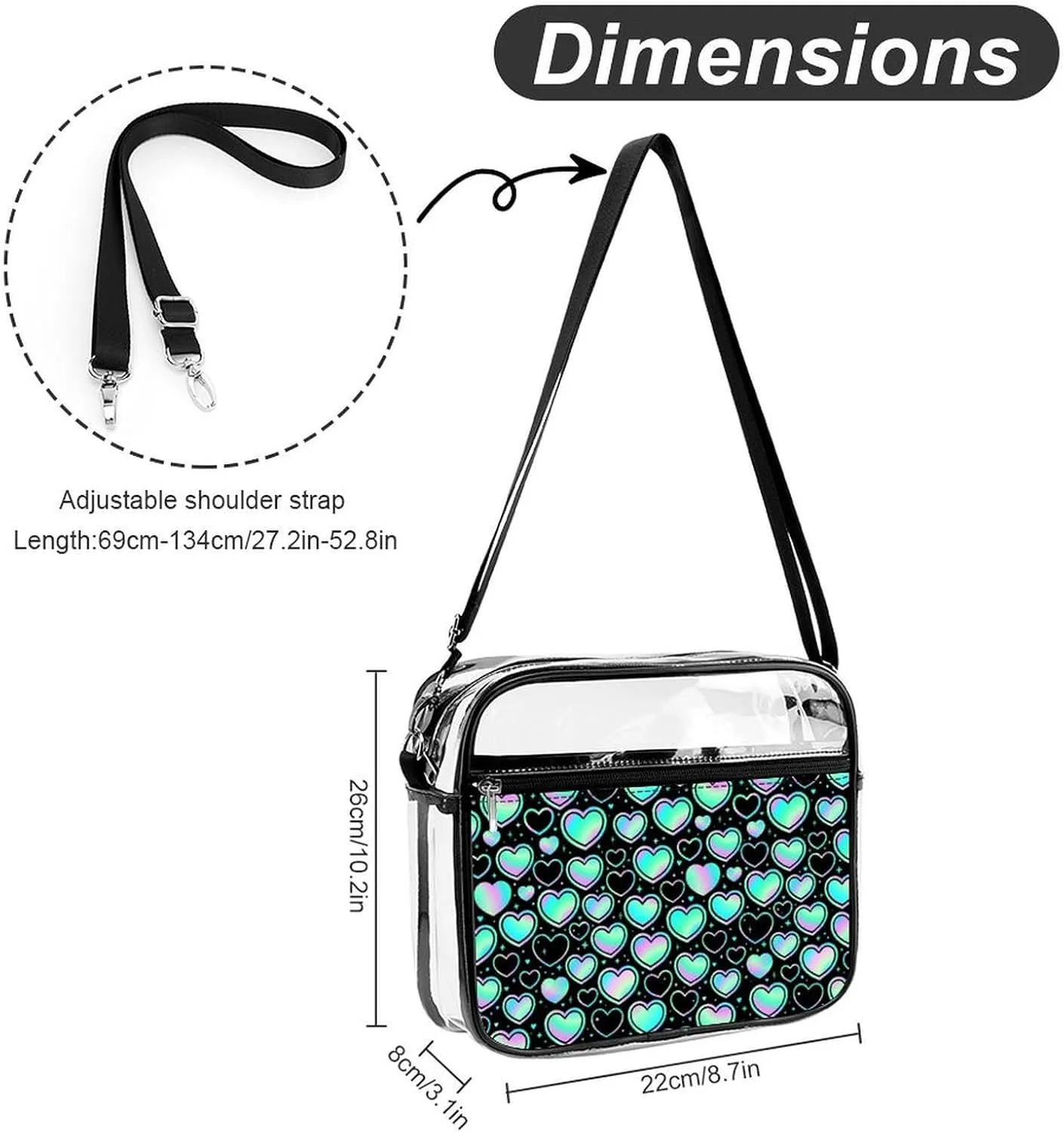 Iridescent Holographic Hearts Clear Crossbody Shoulder Purse Bag for Men Women, Stadium Clear Messenger Bag