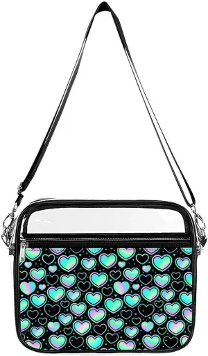 Iridescent Holographic Hearts Clear Crossbody Shoulder Purse Bag for Men Women, Stadium Clear Messenger Bag