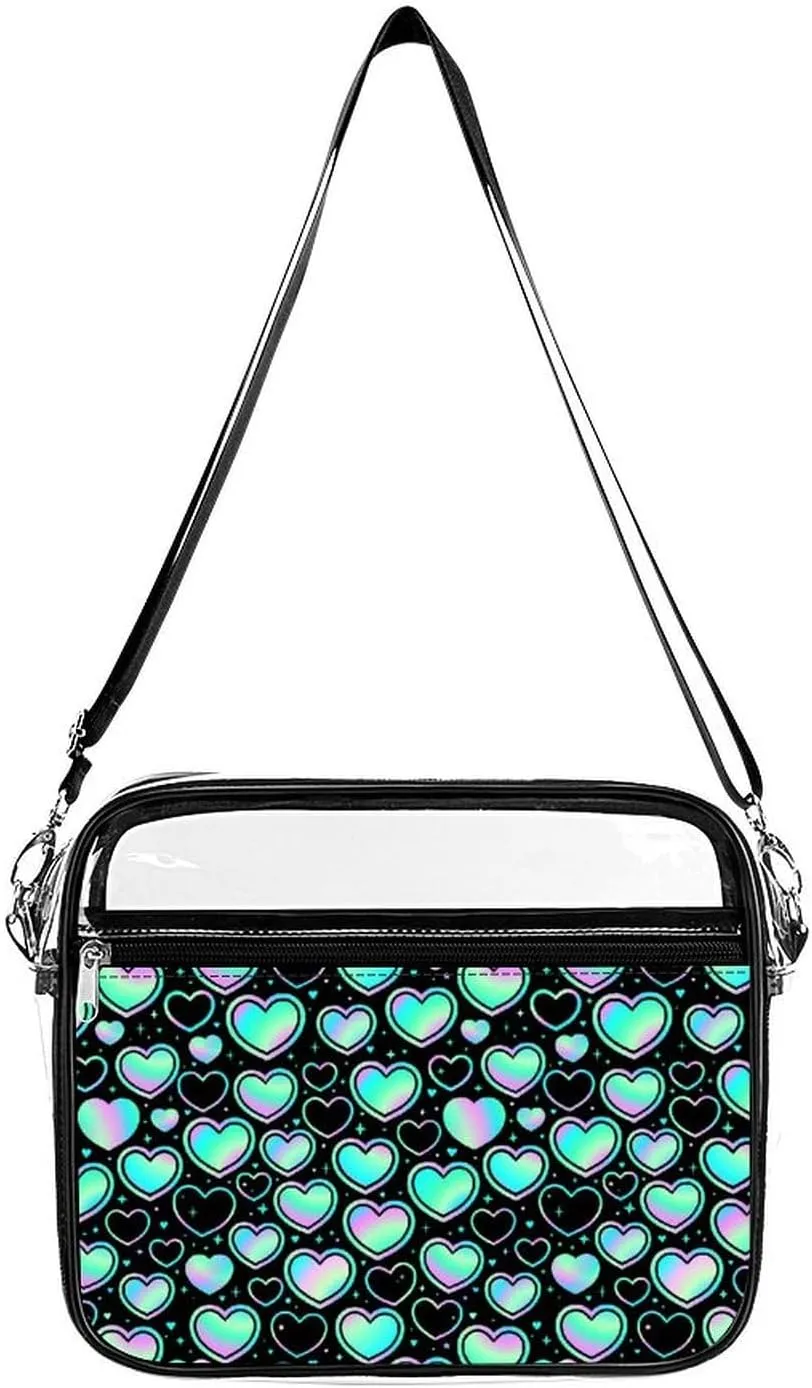 Iridescent Holographic Hearts Clear Crossbody Shoulder Purse Bag for Men Women, Stadium Clear Messenger Bag
