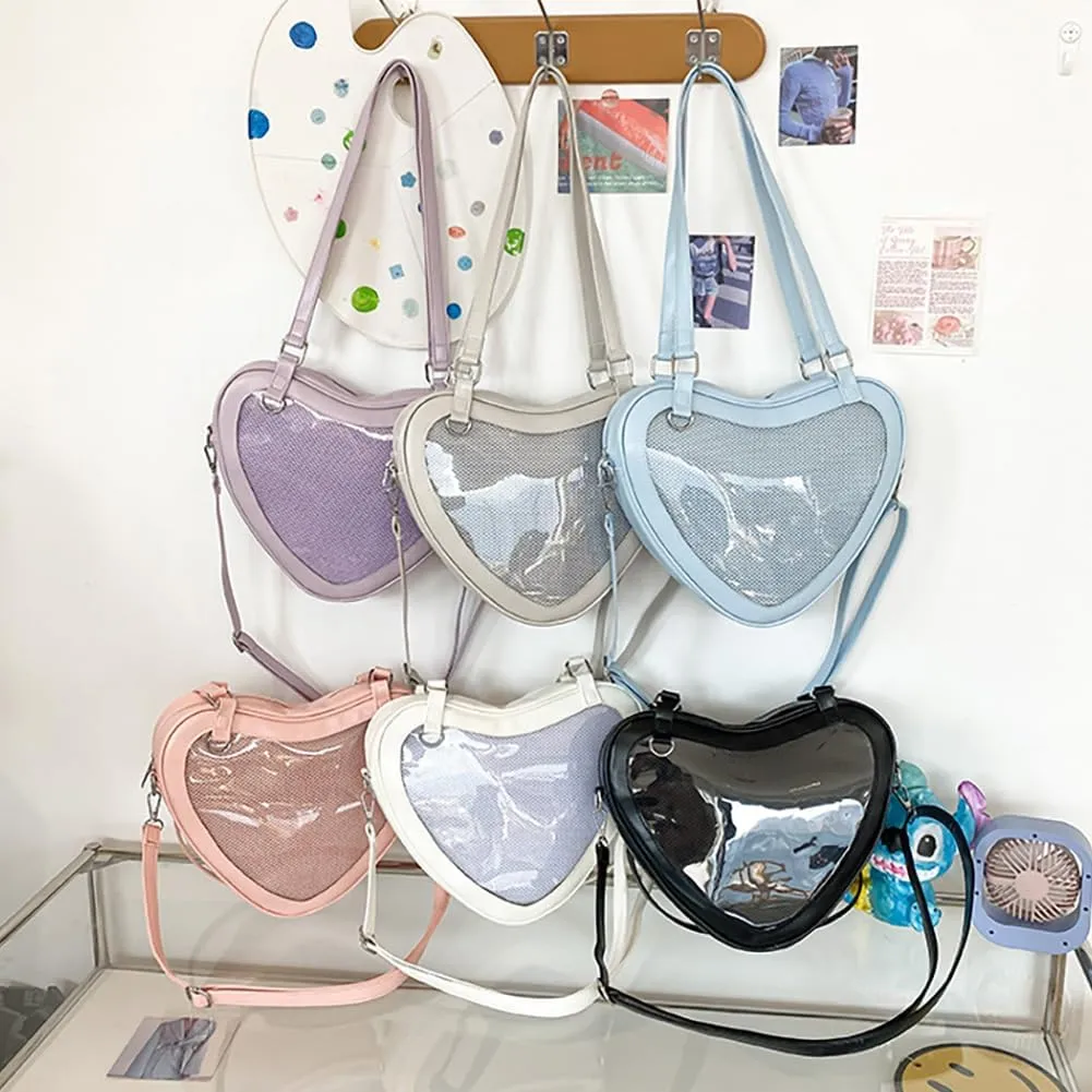 Ita Bag Heart Shaped Purse, Japanese JK Uniform Shoulder Bag, Leather Lolita Crossbody Handbag for Anime Pins Display