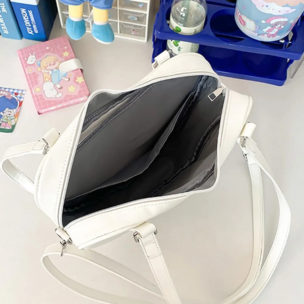 Ita Bag Heart Shaped Purse, Japanese JK Uniform Shoulder Bag, Leather Lolita Crossbody Handbag for Anime Pins Display