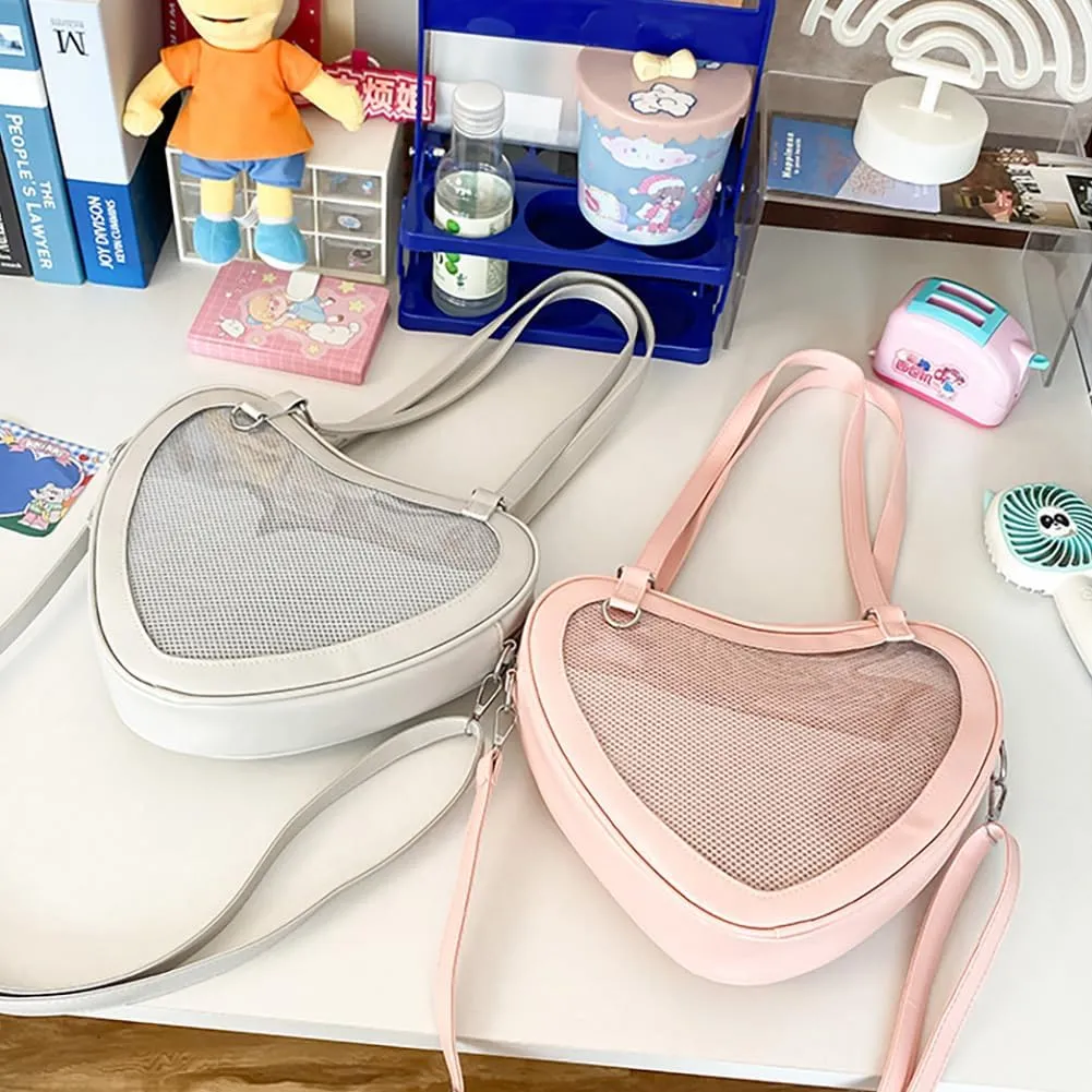 Ita Bag Heart Shaped Purse, Japanese JK Uniform Shoulder Bag, Leather Lolita Crossbody Handbag for Anime Pins Display