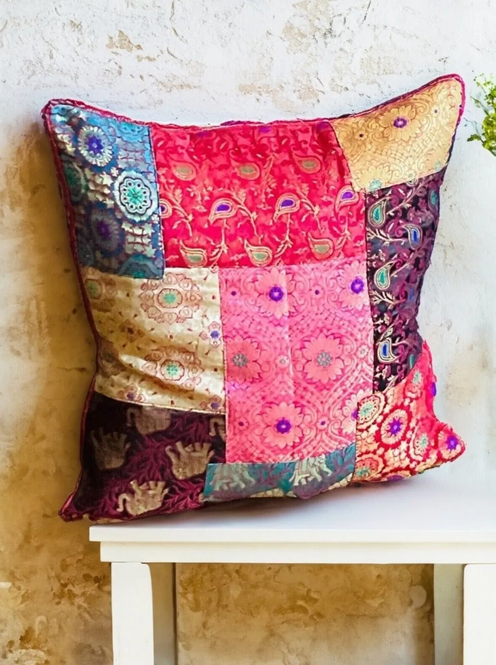Jaipur Cushion Cover Recycled Indian Sari's and Brocade Patchwork Design