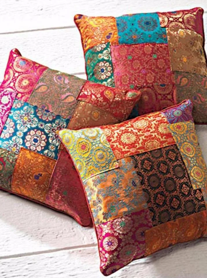 Jaipur Cushion Cover Recycled Indian Sari's and Brocade Patchwork Design