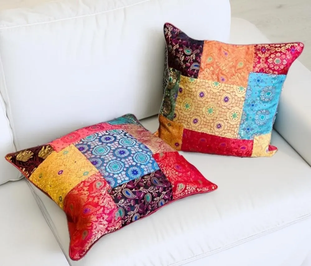Jaipur Cushion Cover Recycled Indian Sari's and Brocade Patchwork Design