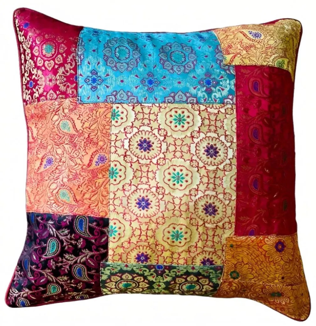 Jaipur Cushion Cover Recycled Indian Sari's and Brocade Patchwork Design