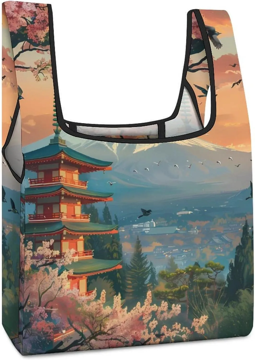 Japanese Temple on Mount Fuji Lake Cherry Flower Grocery Shopping Bags Foldable Tote Bags Casual Handbags Purses Work Bag for Women