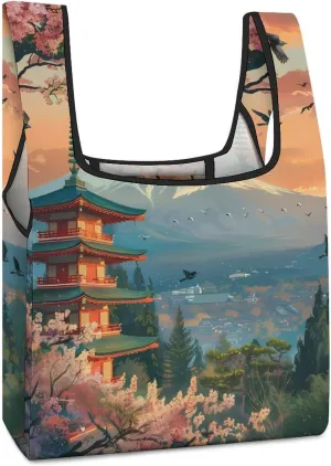 Japanese Temple on Mount Fuji Lake Cherry Flower Grocery Shopping Bags Foldable Tote Bags Casual Handbags Purses Work Bag for Women