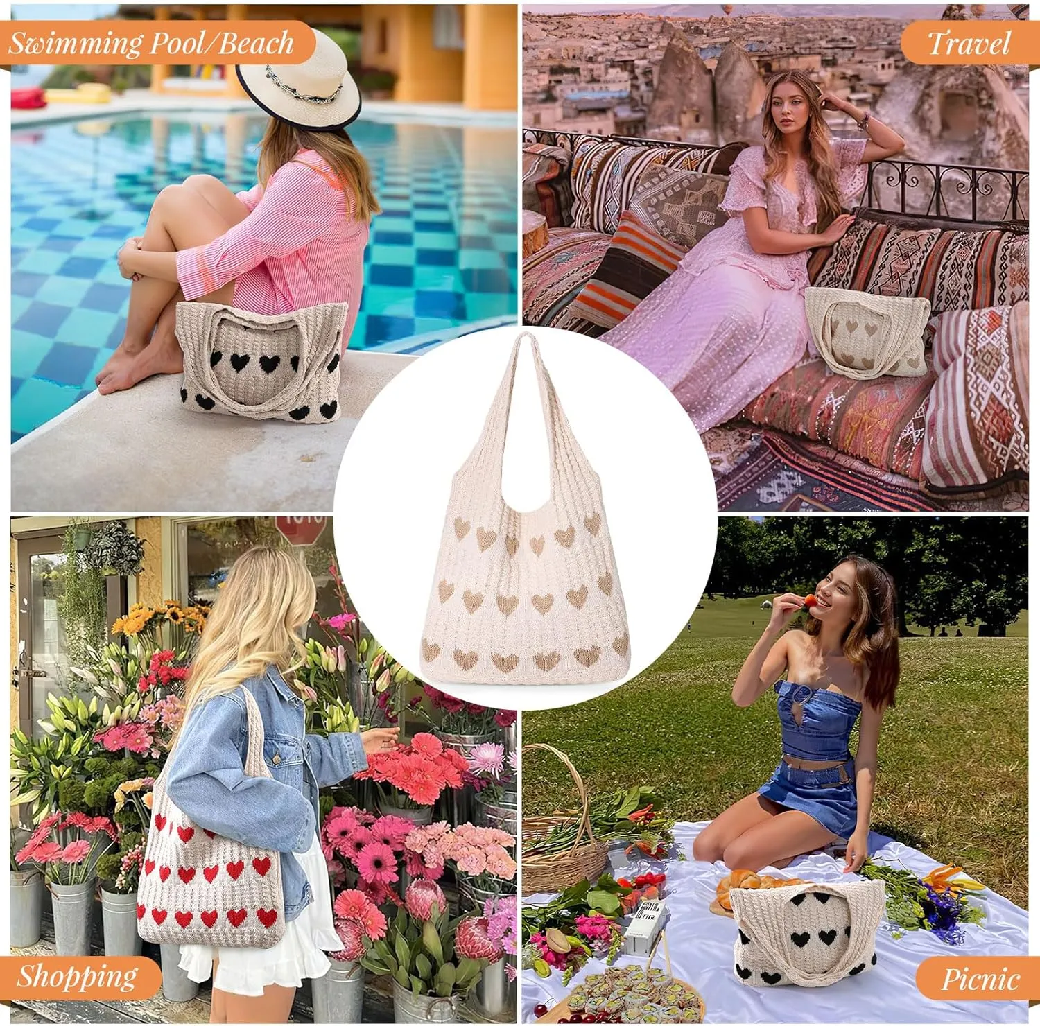 JASGOOD Crochet Beach Bags for Women Knit Summer Vacation Tote Bag Aesthetic Tote Boho Shoulder Handbag