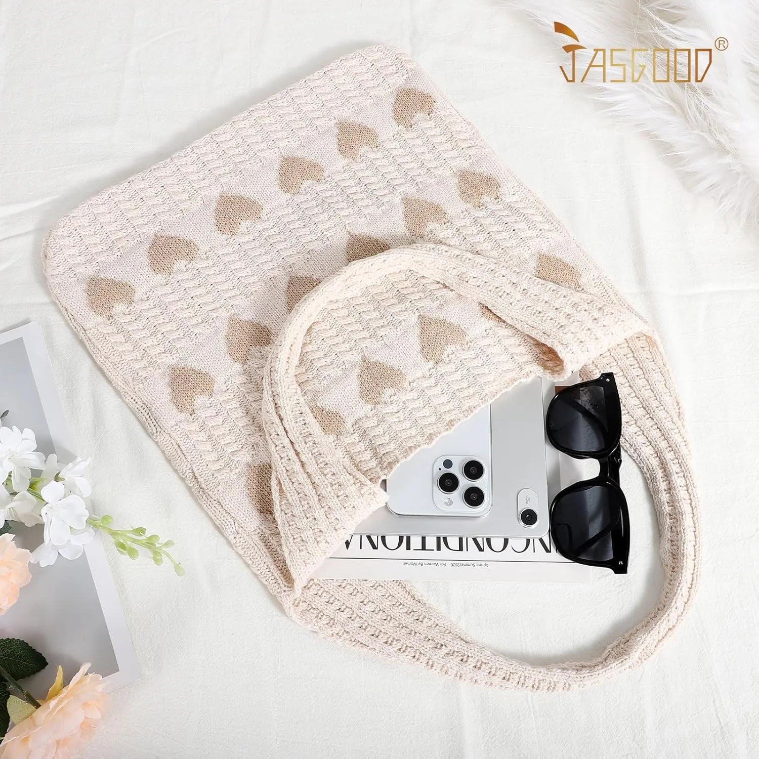 JASGOOD Crochet Beach Bags for Women Knit Summer Vacation Tote Bag Aesthetic Tote Boho Shoulder Handbag