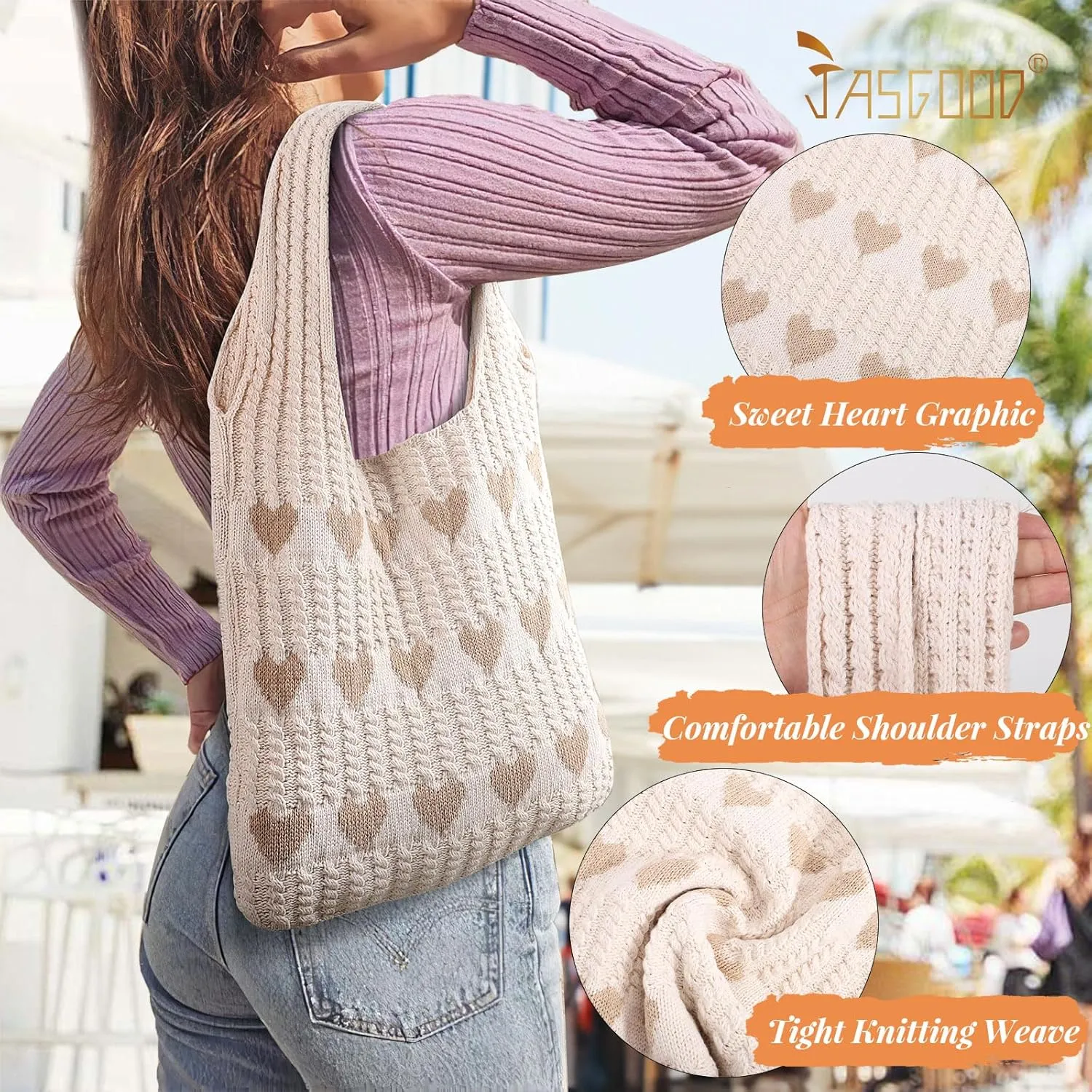 JASGOOD Crochet Beach Bags for Women Knit Summer Vacation Tote Bag Aesthetic Tote Boho Shoulder Handbag