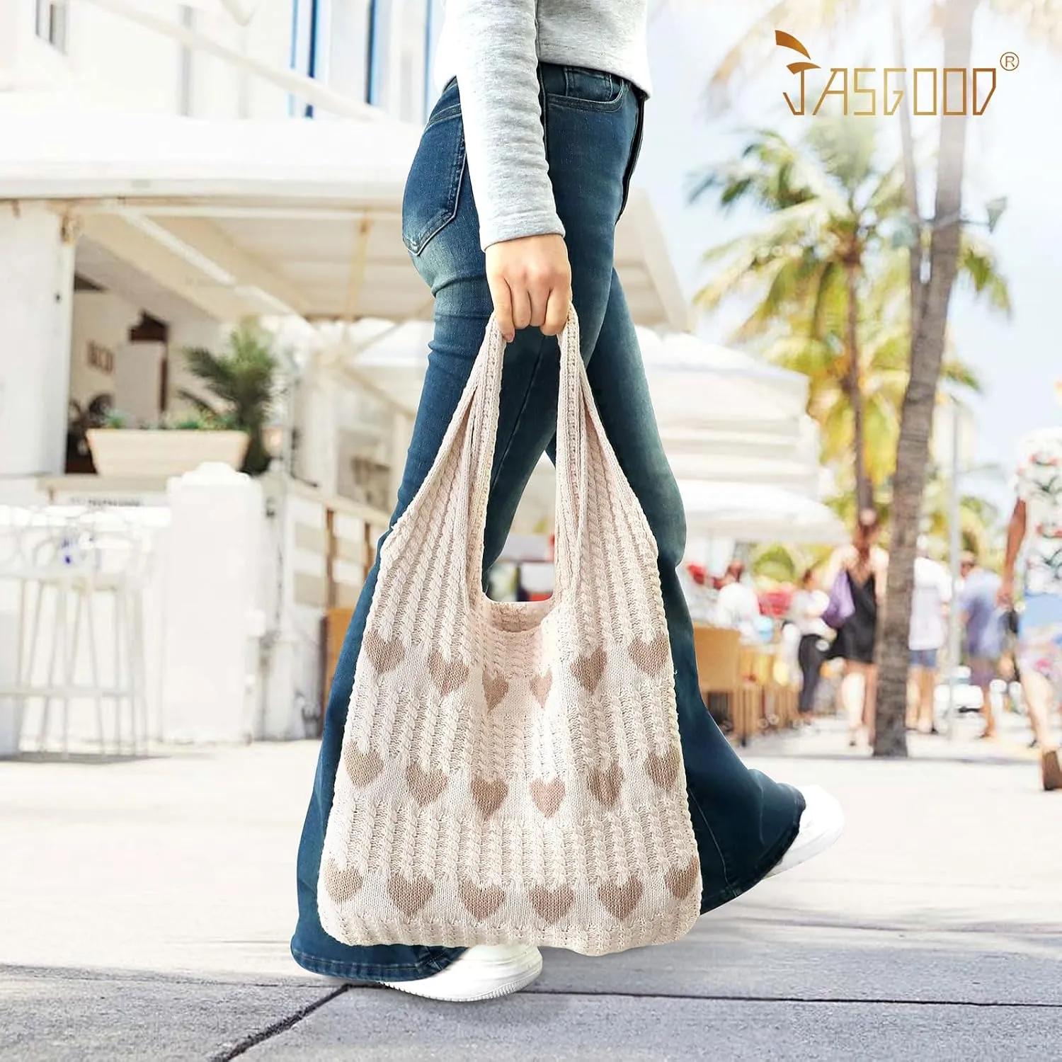 JASGOOD Crochet Beach Bags for Women Knit Summer Vacation Tote Bag Aesthetic Tote Boho Shoulder Handbag
