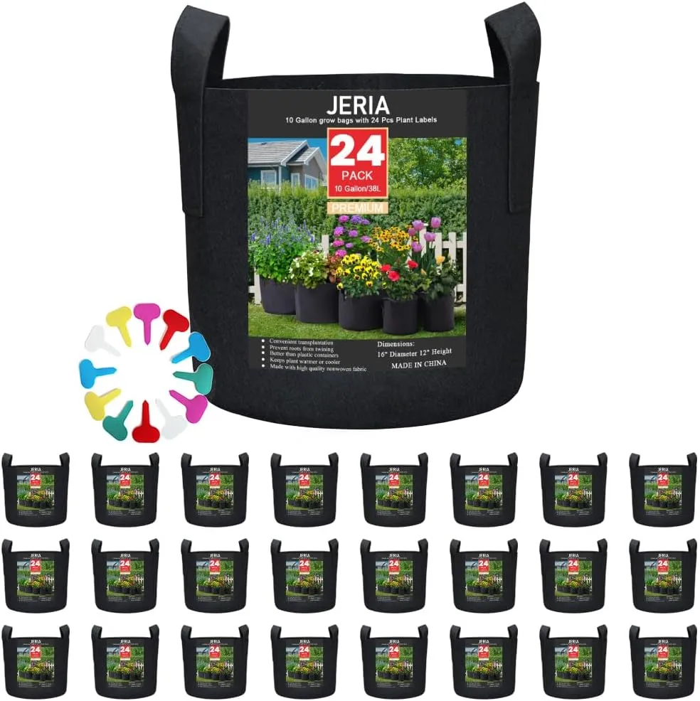 JERIA 24-Pack 10 Gallon Nonwoven Grow Bags, Plant Grow Bags，Heavy Duty Aeration Fabric Pots with Durable Handles, Come with 24 Pcs Plant Labels