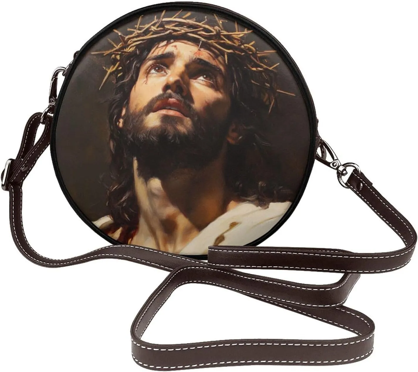 Jesus With Crown Of Thornes Women Round Crossbody Bags Leather Sling Bag Purse