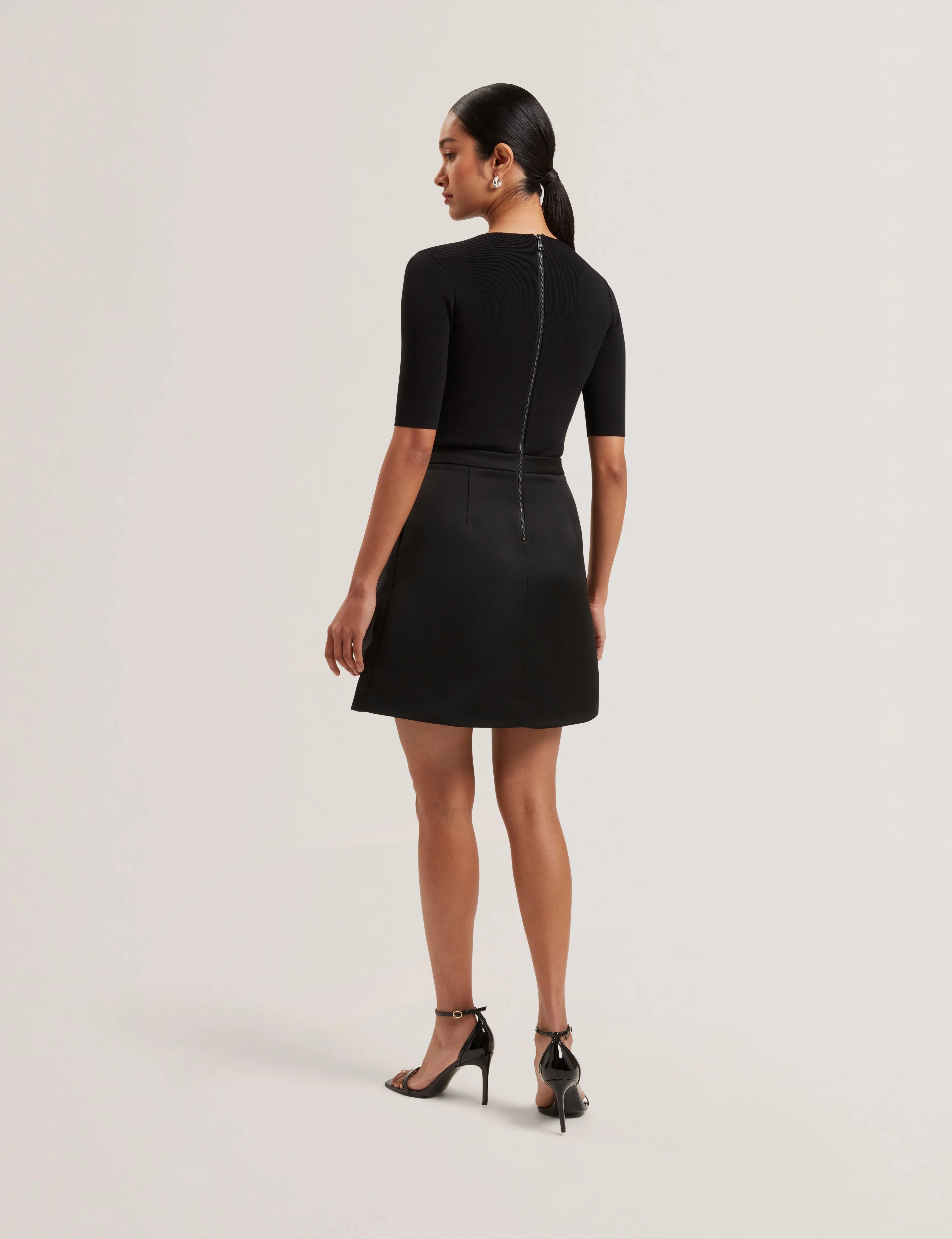 Jolain Knit Bodice Satin Skirt Mini Dress Black