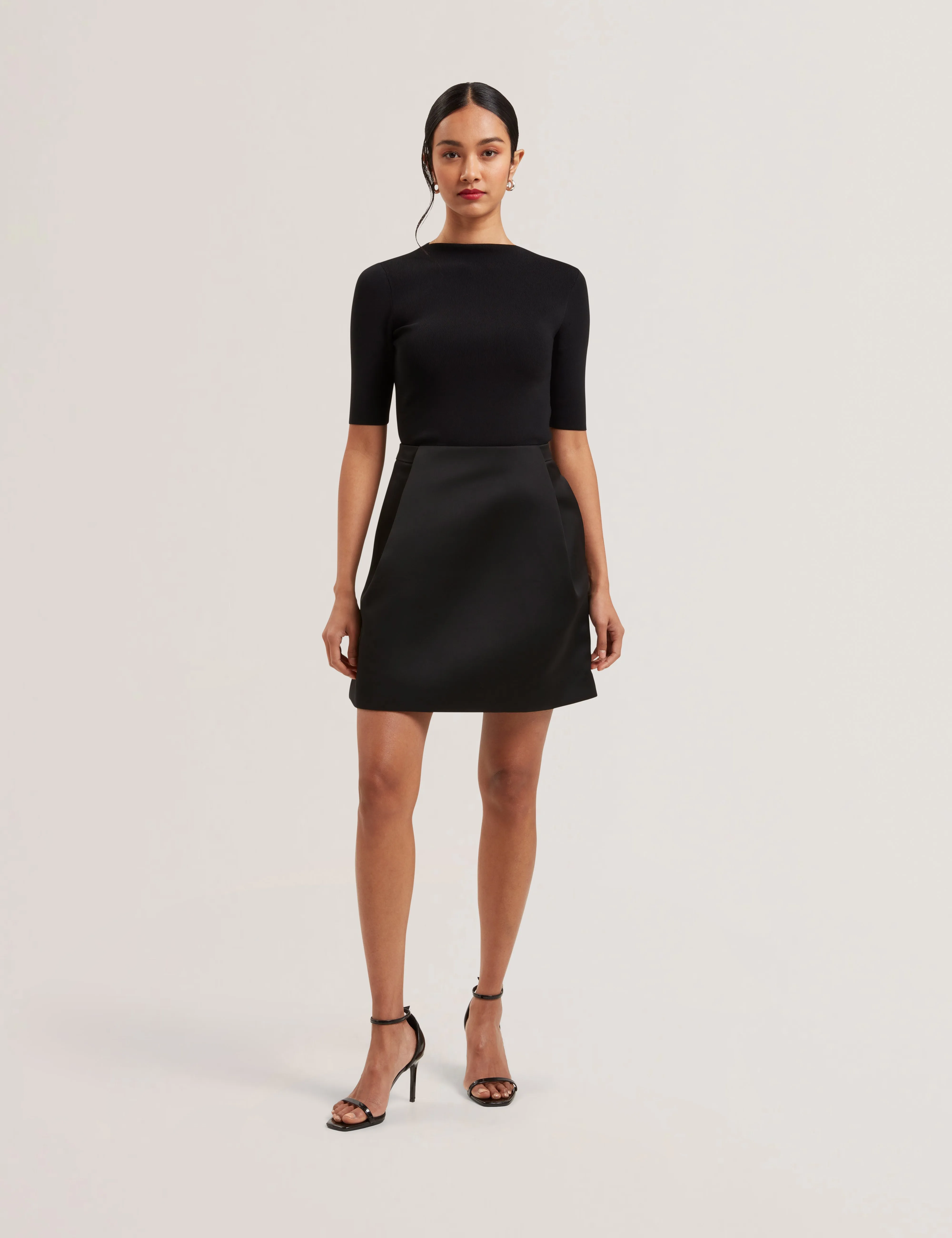 Jolain Knit Bodice Satin Skirt Mini Dress Black