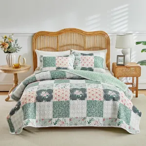 Joyreap 3 Pieces Floral Patchwork Quilt Set Queen, Green Flowers Design, Soft n Cozy Microfiber Quilt, Bedspread Bed Cover for All Season, 1 Quilt and 2 Pillow Shams- 90x90 inches