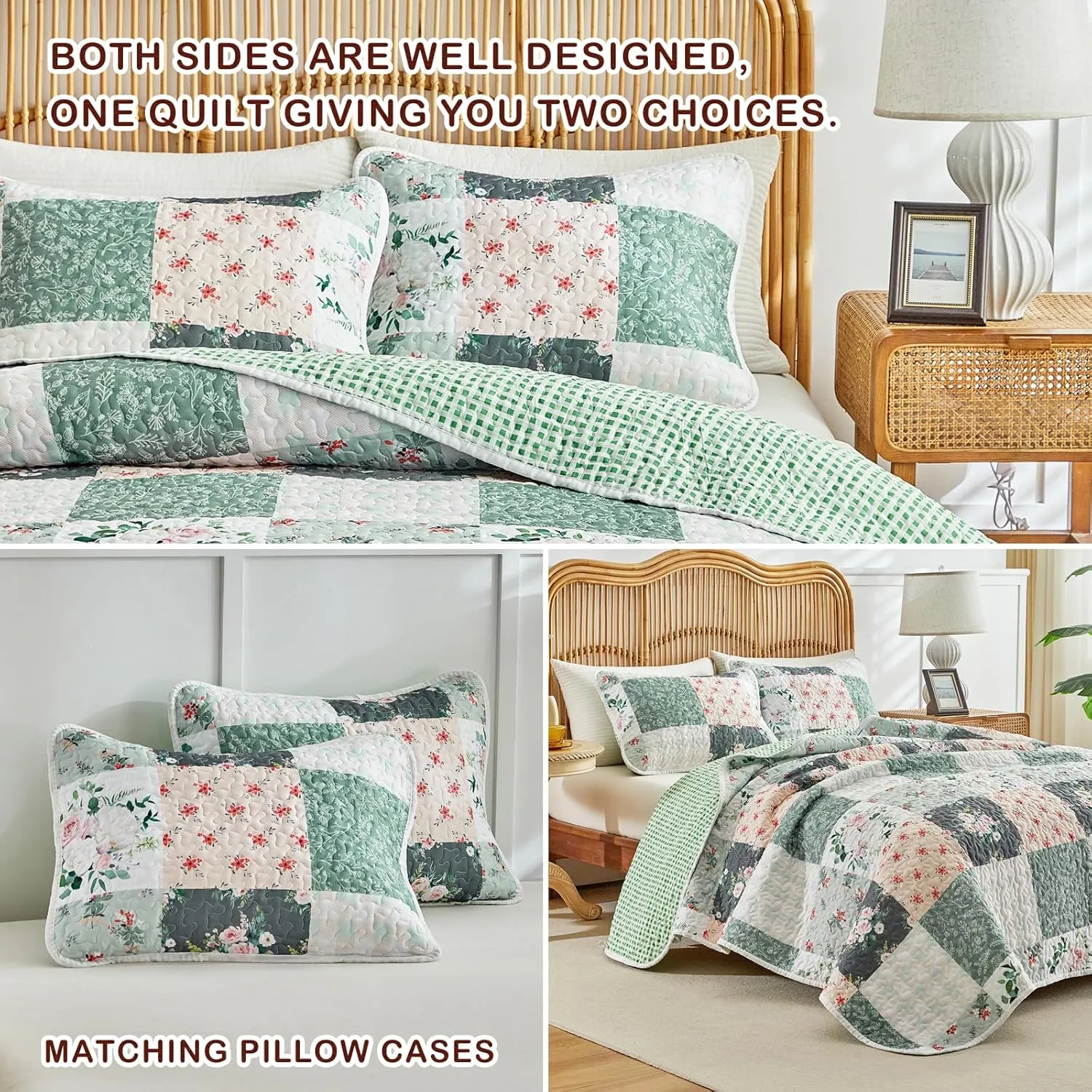Joyreap 3 Pieces Floral Patchwork Quilt Set Queen, Green Flowers Design, Soft n Cozy Microfiber Quilt, Bedspread Bed Cover for All Season, 1 Quilt and 2 Pillow Shams- 90x90 inches