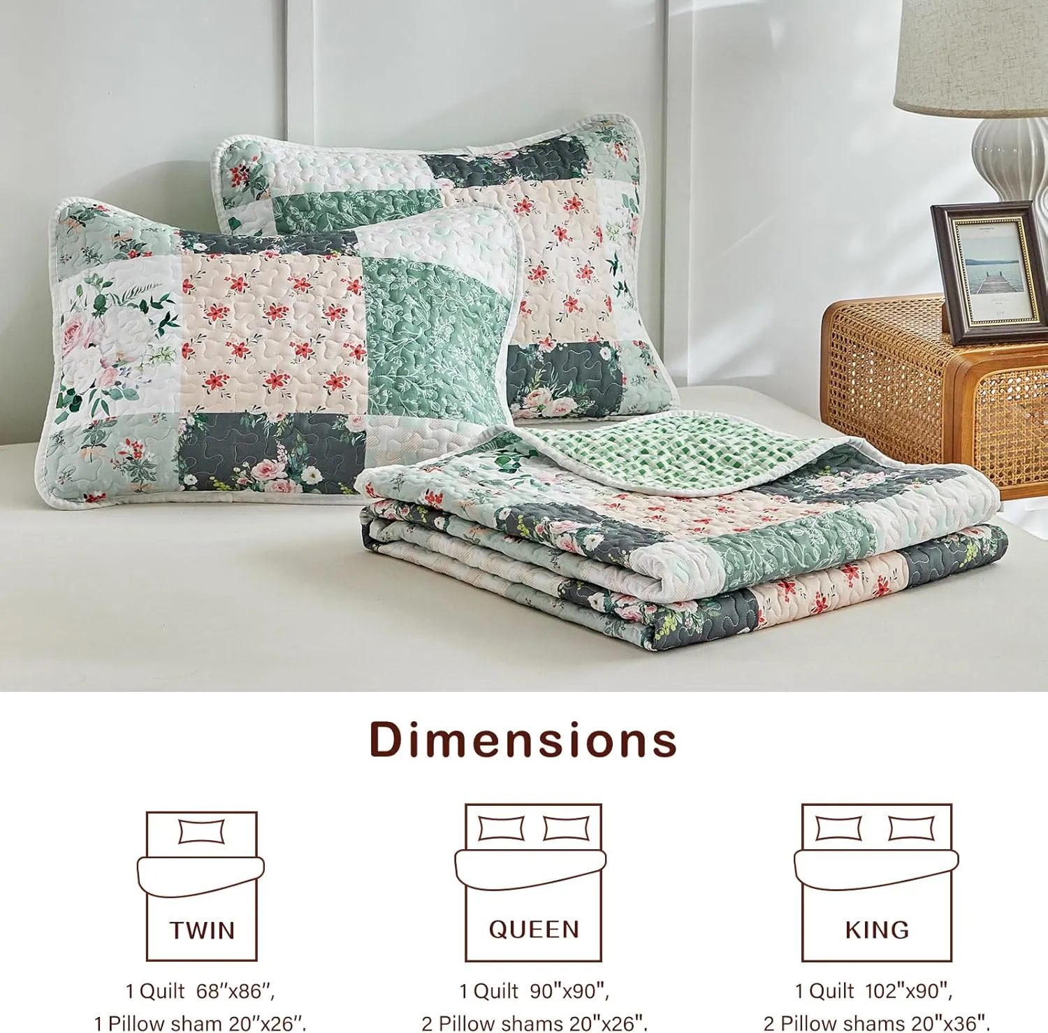 Joyreap 3 Pieces Floral Patchwork Quilt Set Queen, Green Flowers Design, Soft n Cozy Microfiber Quilt, Bedspread Bed Cover for All Season, 1 Quilt and 2 Pillow Shams- 90x90 inches