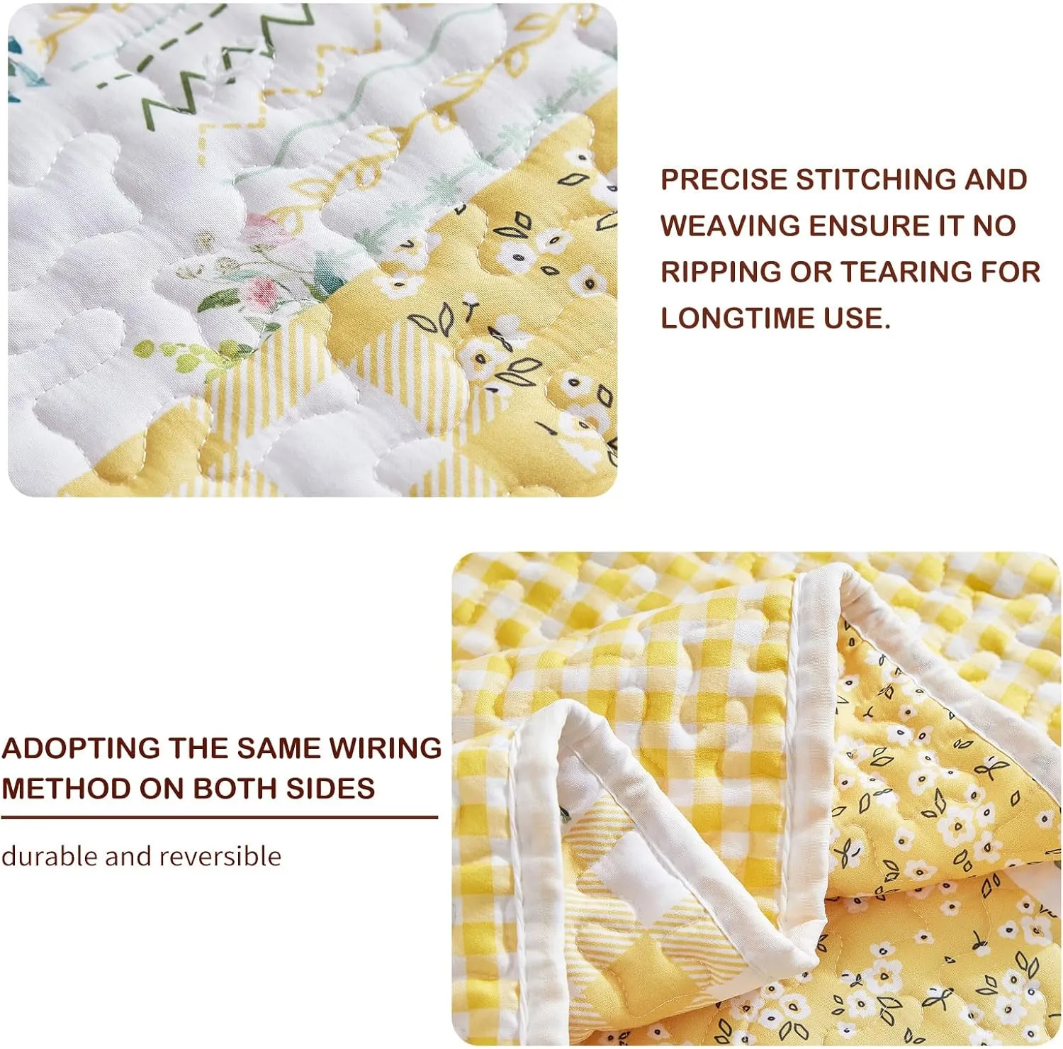 Joyreap 3 Pieces Floral Patchwork Quilt Set Queen, Yellow n White Flowers Design, Soft n Cozy Microfiber Quilt, Bedspread Bed Cover for All Season, 1 Quilt and 2 Pillow Shams- 90x90 inches