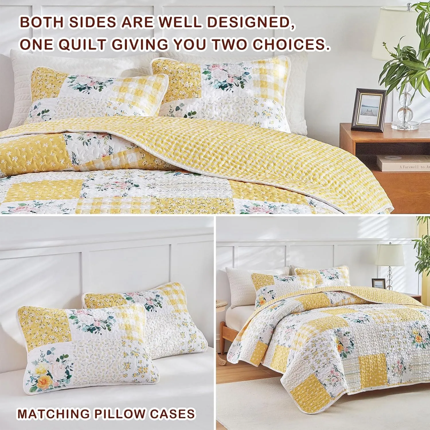 Joyreap 3 Pieces Floral Patchwork Quilt Set Queen, Yellow n White Flowers Design, Soft n Cozy Microfiber Quilt, Bedspread Bed Cover for All Season, 1 Quilt and 2 Pillow Shams- 90x90 inches