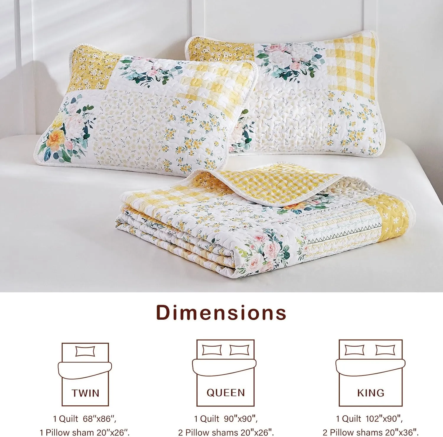 Joyreap 3 Pieces Floral Patchwork Quilt Set Queen, Yellow n White Flowers Design, Soft n Cozy Microfiber Quilt, Bedspread Bed Cover for All Season, 1 Quilt and 2 Pillow Shams- 90x90 inches