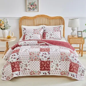 Joyreap 3 Pieces Floral Patchwork Quilt Set Twin, Burgundy Red n White Flowers Design, Smooth Soft Microfiber Quilt, Bedspread Bed Cover for All Season, 90x90 inches