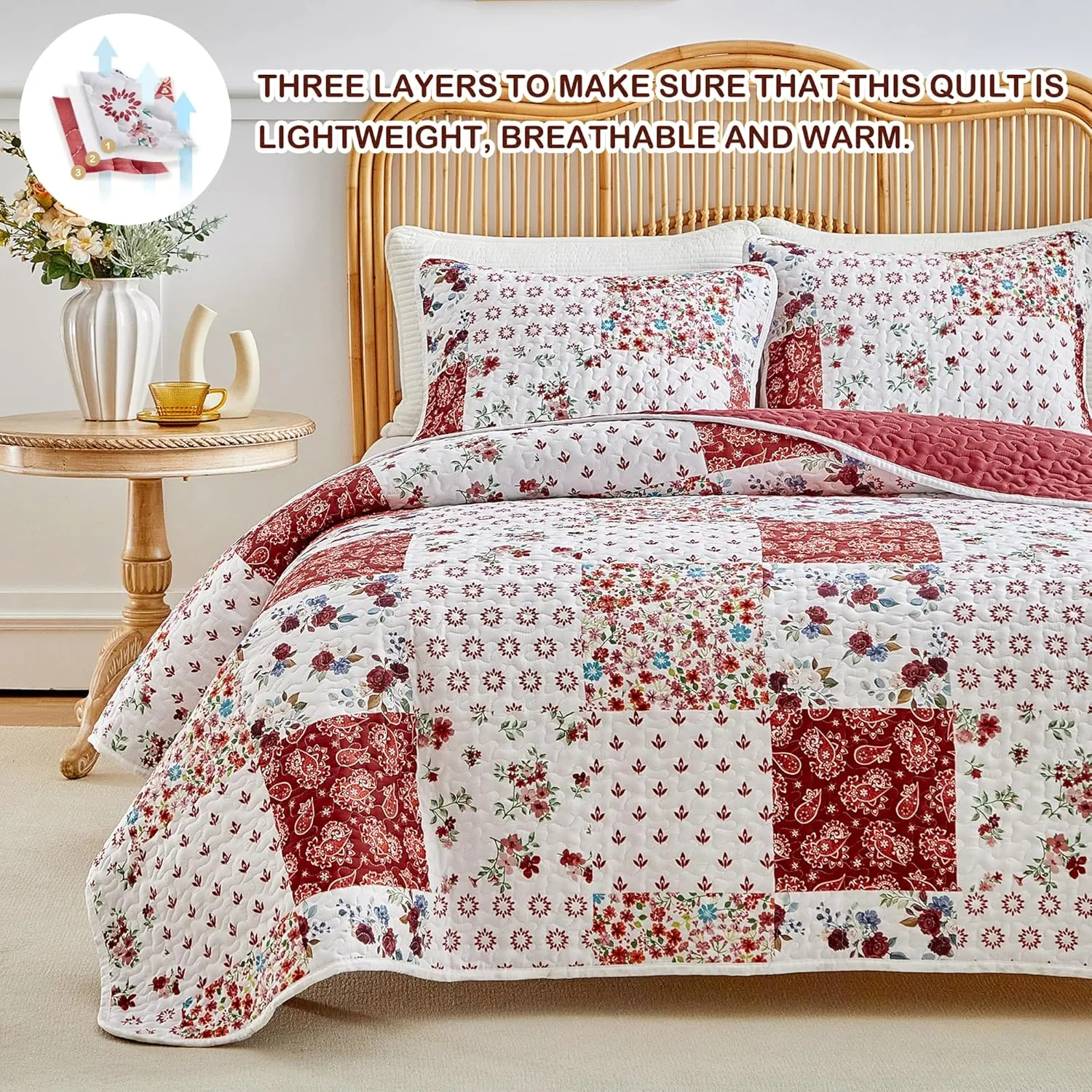 Joyreap 3 Pieces Floral Patchwork Quilt Set Twin, Burgundy Red n White Flowers Design, Smooth Soft Microfiber Quilt, Bedspread Bed Cover for All Season, 90x90 inches