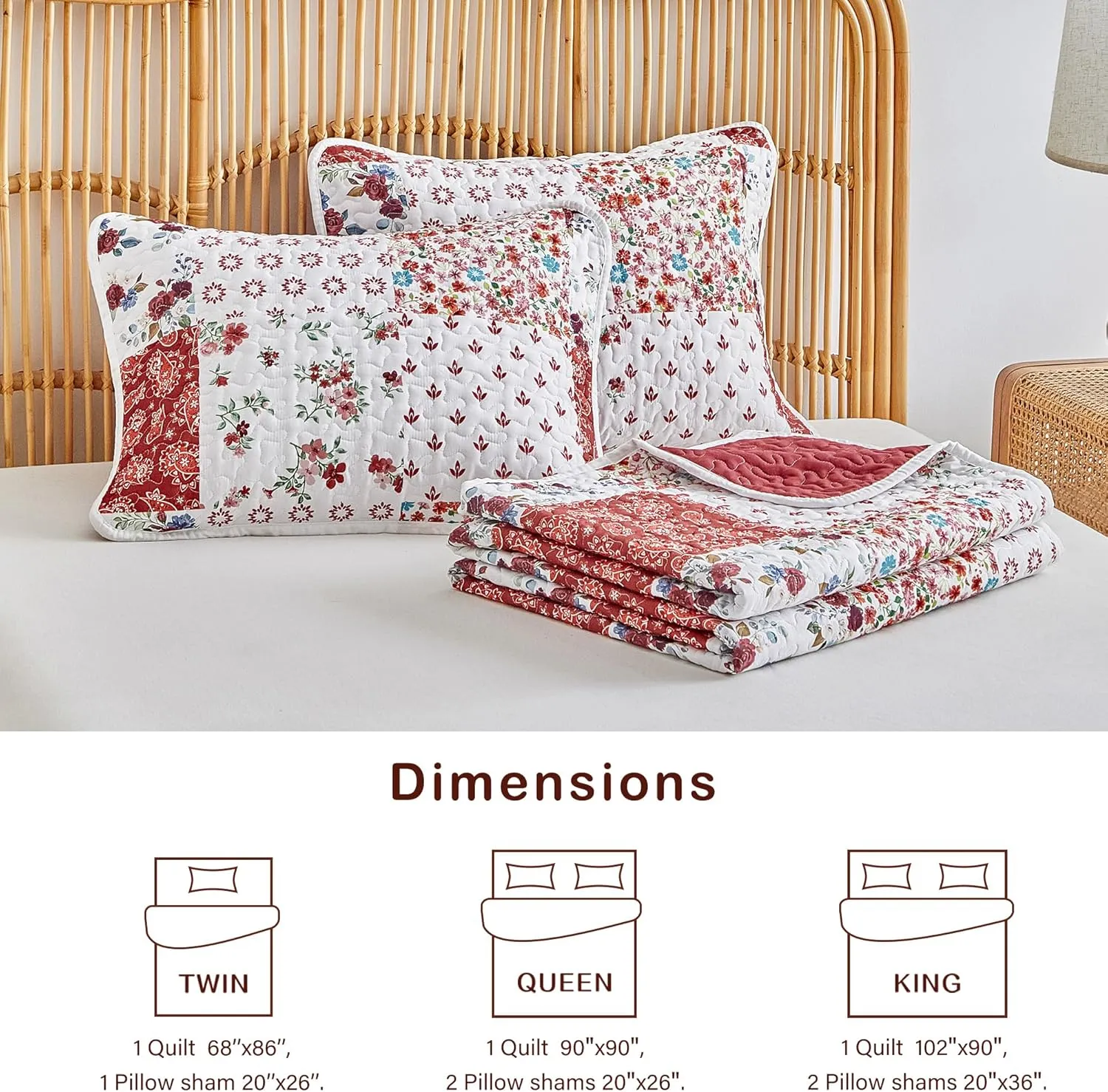 Joyreap 3 Pieces Floral Patchwork Quilt Set Twin, Burgundy Red n White Flowers Design, Smooth Soft Microfiber Quilt, Bedspread Bed Cover for All Season, 90x90 inches