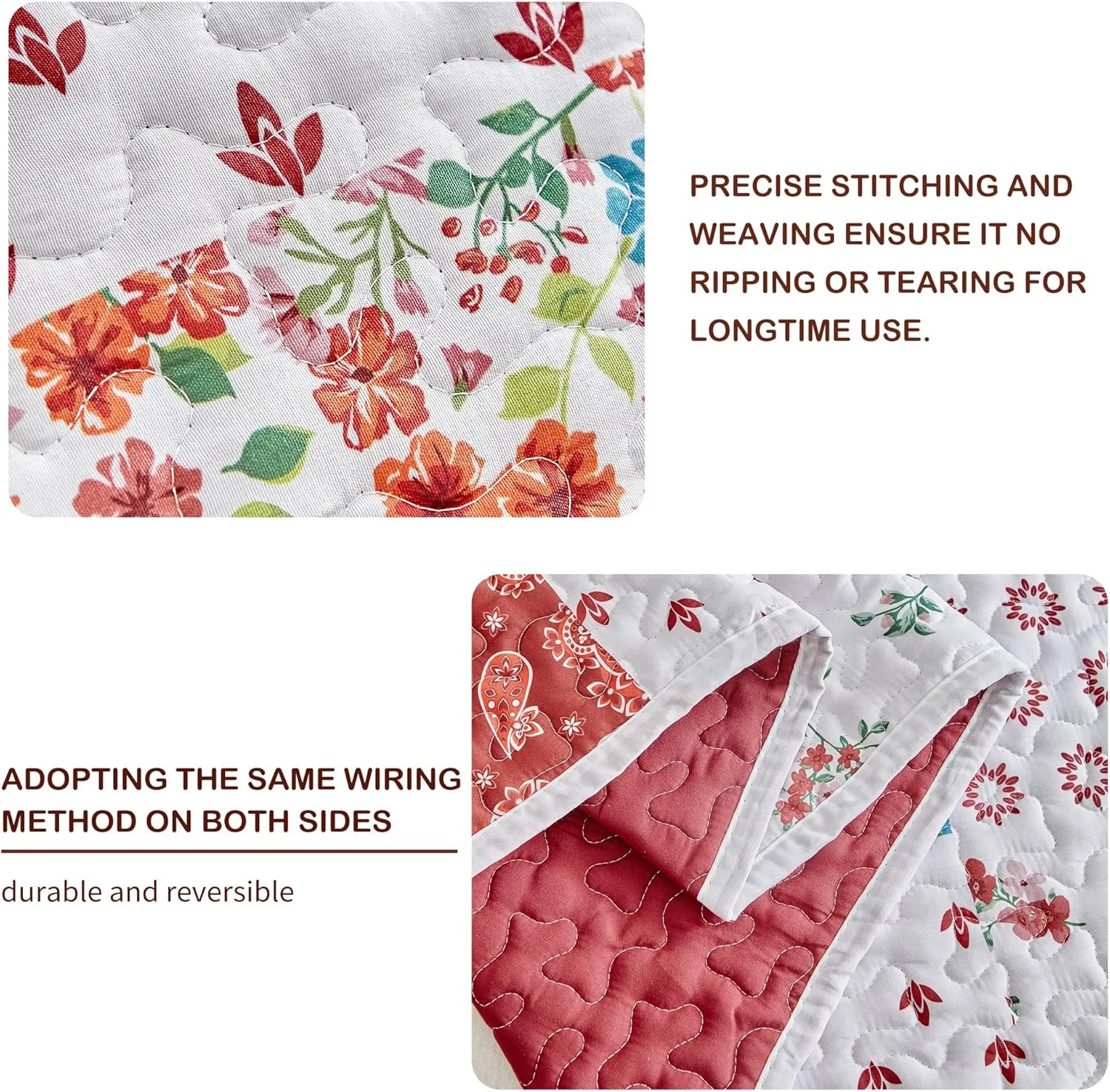 Joyreap 3 Pieces Floral Patchwork Quilt Set Twin, Burgundy Red n White Flowers Design, Smooth Soft Microfiber Quilt, Bedspread Bed Cover for All Season, 90x90 inches