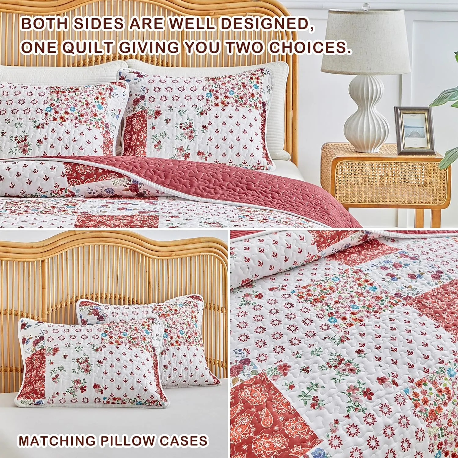Joyreap 3 Pieces Floral Patchwork Quilt Set Twin, Burgundy Red n White Flowers Design, Smooth Soft Microfiber Quilt, Bedspread Bed Cover for All Season, 90x90 inches