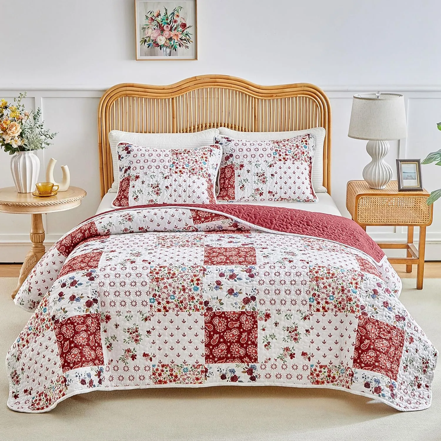 Joyreap 3 Pieces Floral Patchwork Quilt Set Twin, Burgundy Red n White Flowers Design, Smooth Soft Microfiber Quilt, Bedspread Bed Cover for All Season, 90x90 inches