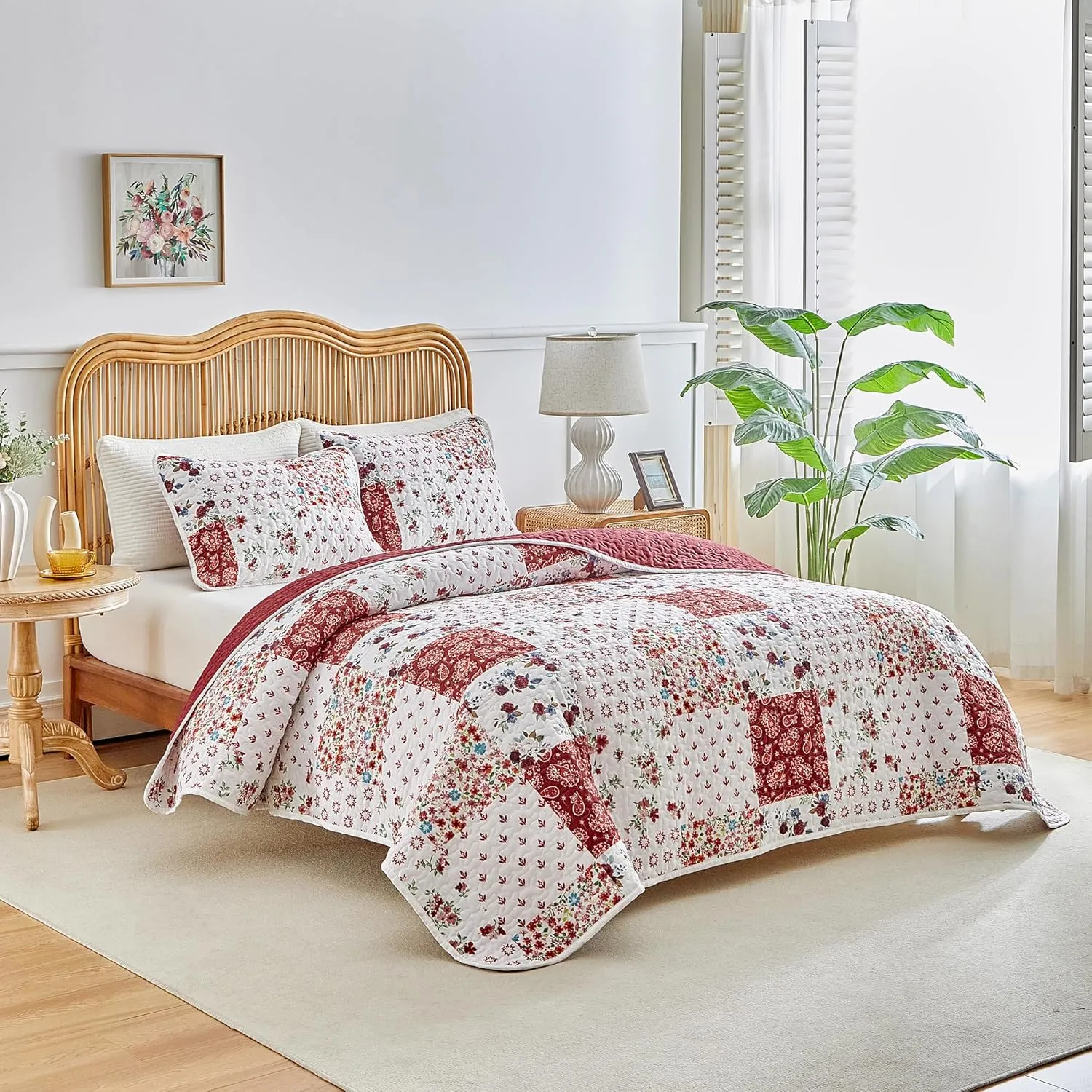 Joyreap 3 Pieces Floral Patchwork Quilt Set Twin, Burgundy Red n White Flowers Design, Smooth Soft Microfiber Quilt, Bedspread Bed Cover for All Season, 90x90 inches