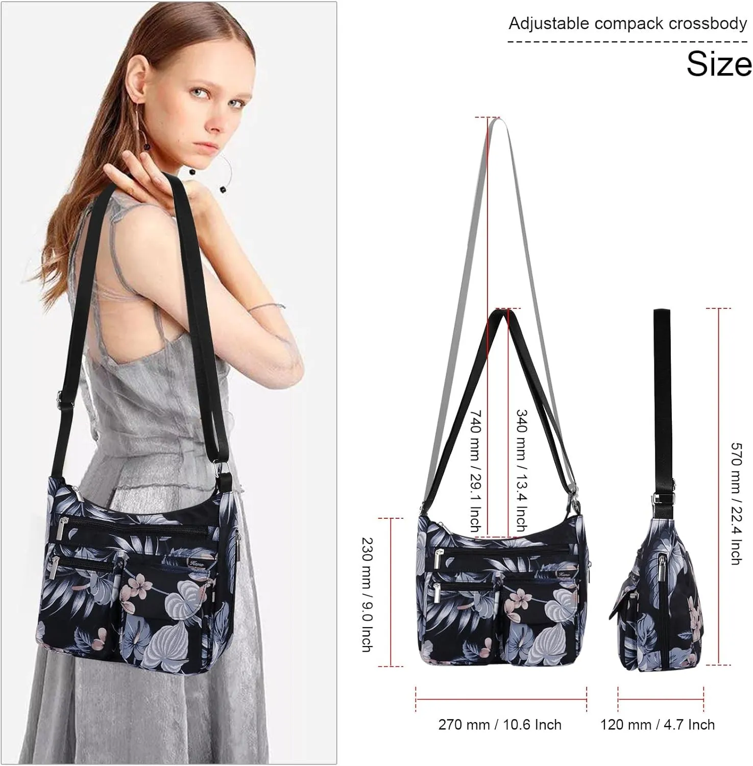 Kamo Crossbody for Women - Multi-pocket Shoulder Lightweight Messenger Casual Printed Purse Handbag Travel Bag